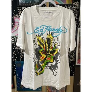 Ed Hardy Eagle Snake Oversized Y2K Streetwear Deadstock Tee Ivory Large
